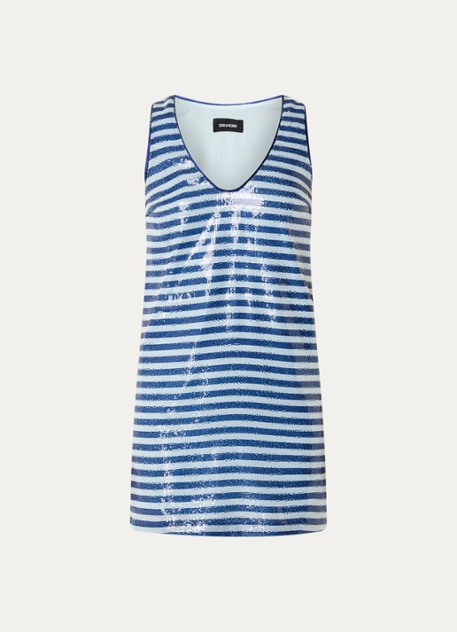 Zadig&Voltaire Rasha mini jurk met streepprint en pailletten - voorkant blauw