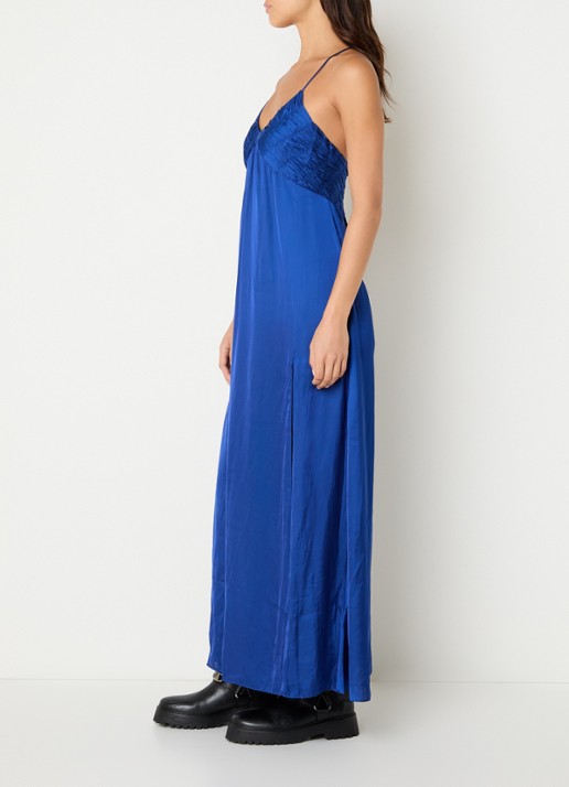 Zadig&Voltaire Rayonne maxi jurk van satijn met smockwerk en split - voorkant 4 geel
