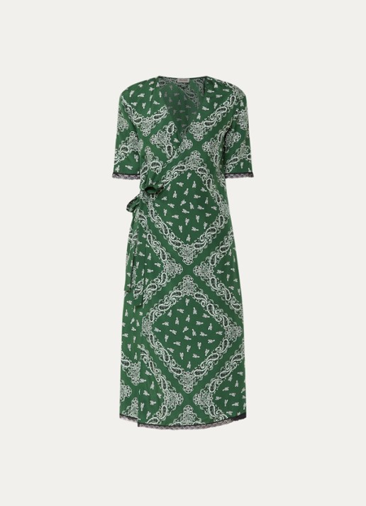 Zadig&Voltaire Reforme midi jurk met strikdetail en paisley dessin - voorkant donkergroen