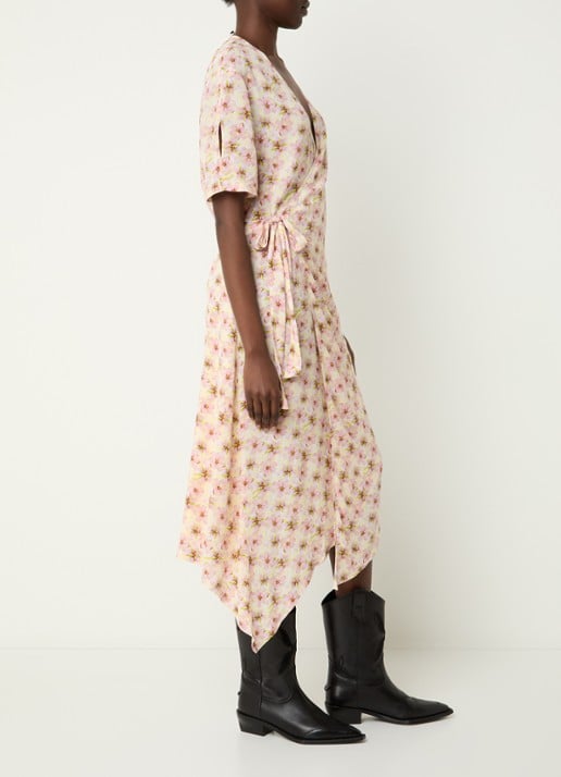 Zadig&Voltaire Reforme midi wikkeljurk met bloemenprint - voorkant 3 lichtgeel