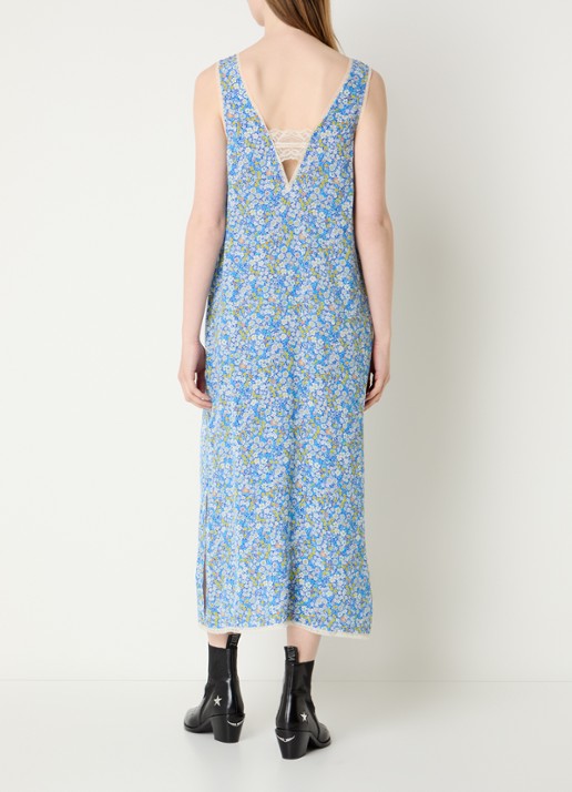 Zadig&Voltaire Renzo midi jurk met bloemenprint en details van kant  - achterkant blauw