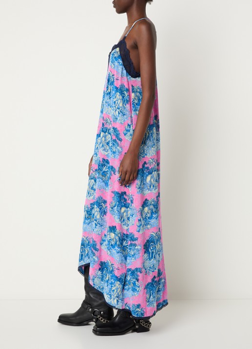 Zadig&Voltaire Risty midi jurk met print en details van kant - voorkant 2 fuchsia