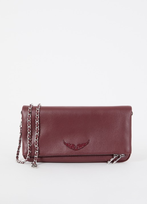 Zadig&Voltaire Rock Grained clutch van leer met afneembare schouderriem - voorkant bordeauxrood