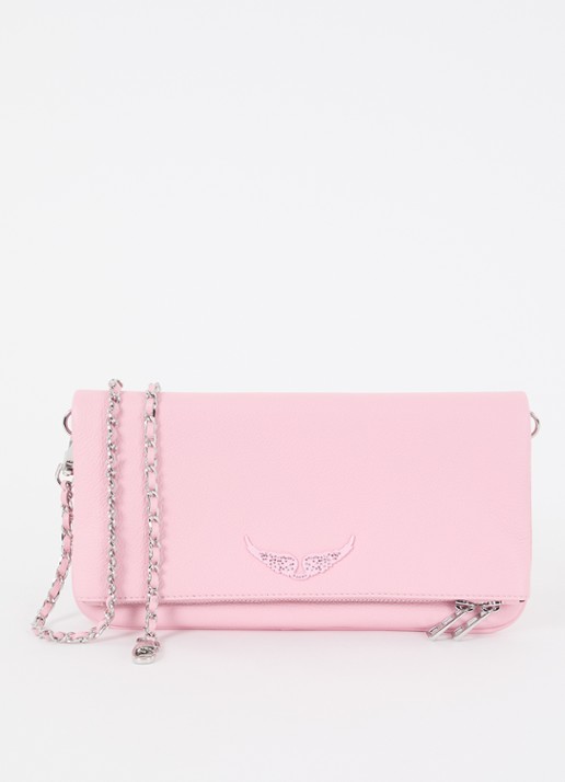 Zadig&Voltaire Rock Grained clutch van leer met afneembare schouderriem - voorkant 4 roze