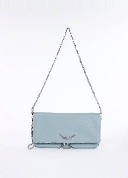Zadig&Voltaire Rock Grained clutch van leer met afneembare schouderriem - voorkant 4 lichtblauw