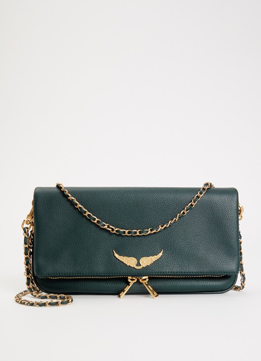 Zadig&Voltaire Rock Grained clutch van leer met afneembare schouderriem - voorkant 2 mosgroen