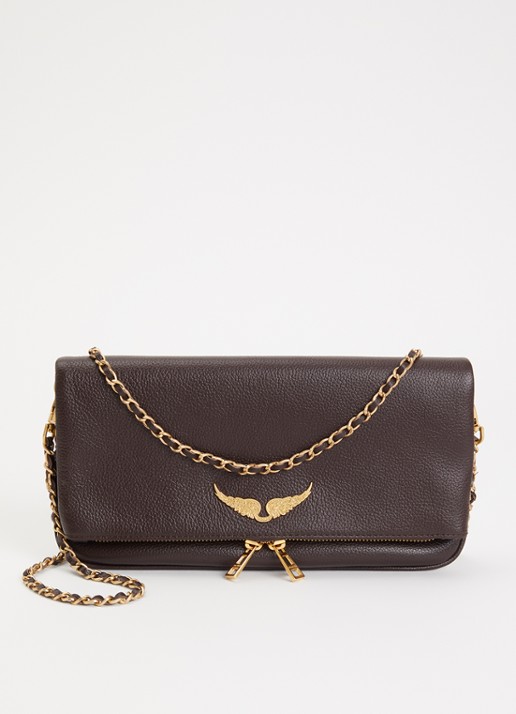 Zadig&Voltaire Rock Grained clutch van leer met afneembare schouderriem - voorkant 5 bruin