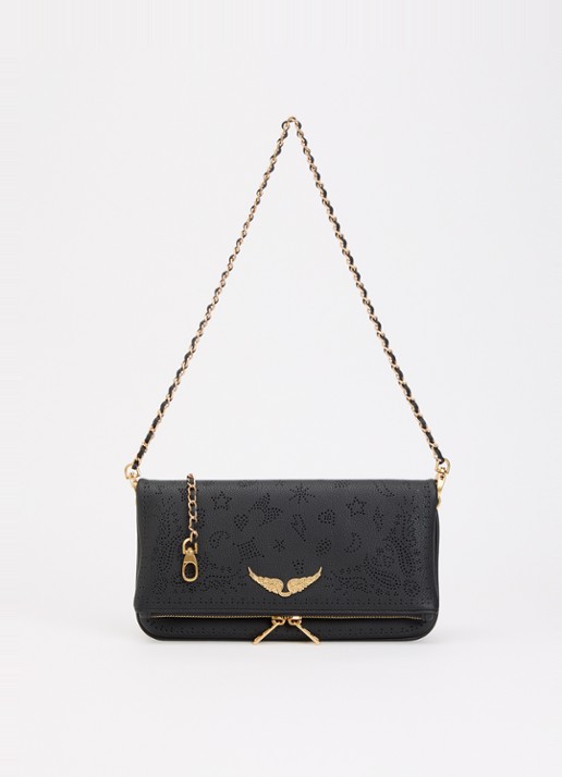 Zadig&Voltaire Rock Perforated clutch van leer met afneembare schouderriem - voorkant zwart