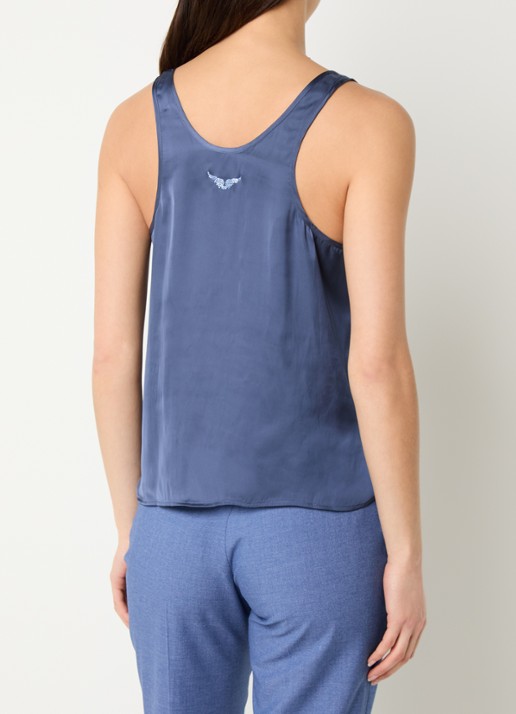 Zadig&Voltaire Tarys tanktop van satijn met strass - achterkant staalblauw