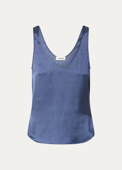 Zadig&Voltaire Tarys tanktop van satijn met strass - voorkant 2 staalblauw