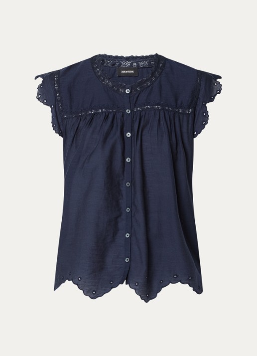 Zadig&Voltaire Tika Tomboy semi-transparante blouse met broderie - voorkant 2 donkerblauw