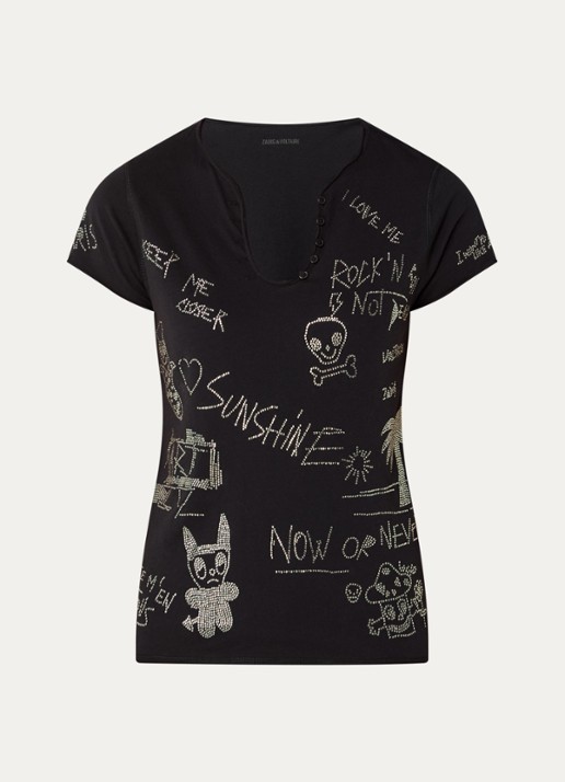 Zadig&Voltaire Tunisien T-shirt met strass - voorkant zwart