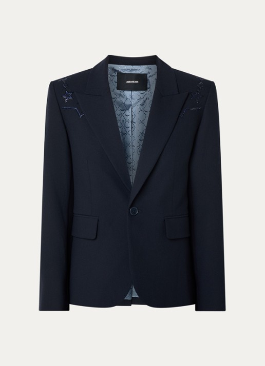 Zadig&Voltaire Vavy blazer met schoudervulling en klepzakken  - voorkant donkerblauw