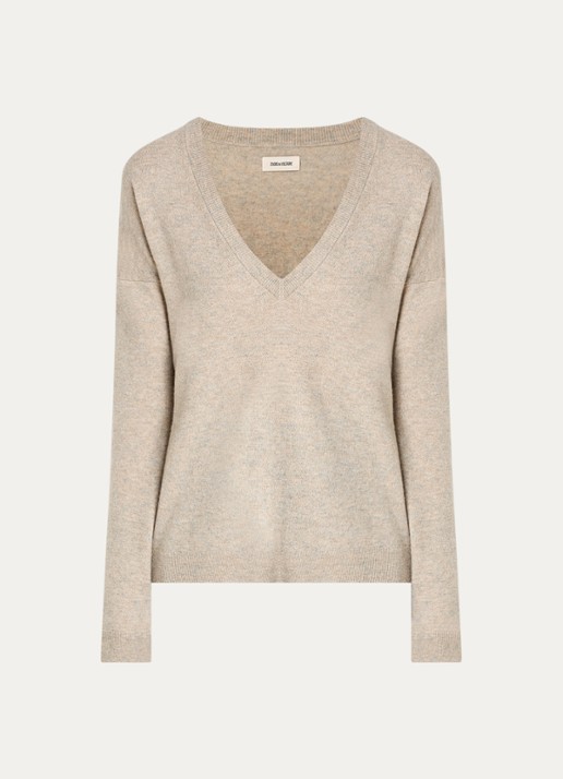 Zadig&Voltaire Vivi fijngebreide oversized pullover van kasjmier met V-hals  - voorkant 3 zand
