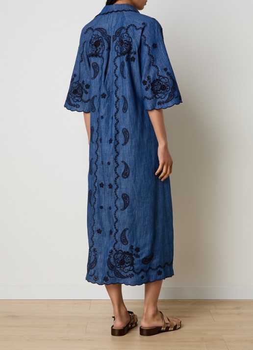 Zimmermann Aster midi denim jurk met borduring - achterkant indigo