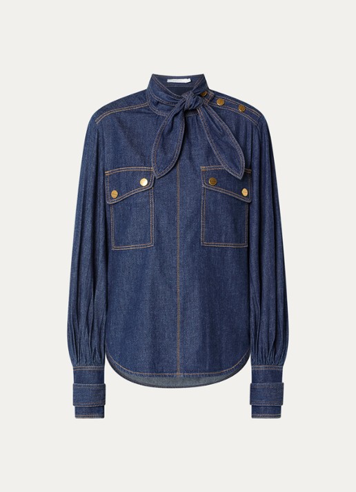 Zimmermann Blouse van chambray met sjaalkraag - voorkant indigo