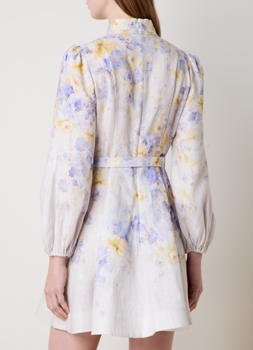 Zimmermann Crush mini jurk van linnen met bloemenprint en ceintuur - achterkant 5 lila
