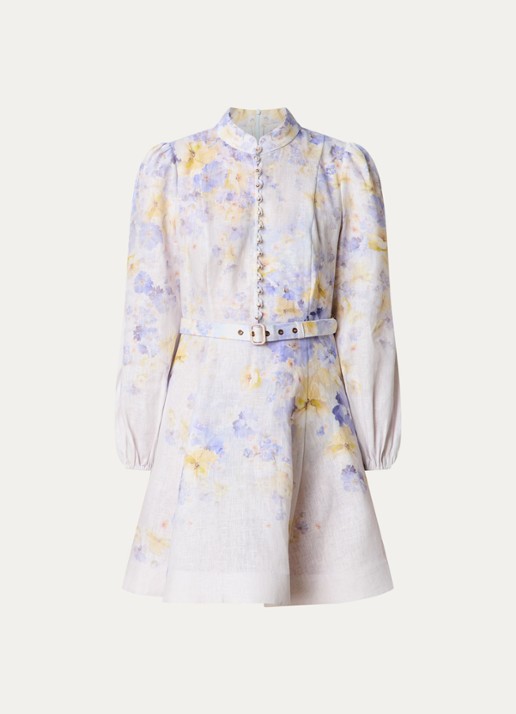 Zimmermann Crush mini jurk van linnen met bloemenprint en ceintuur - voorkant lila