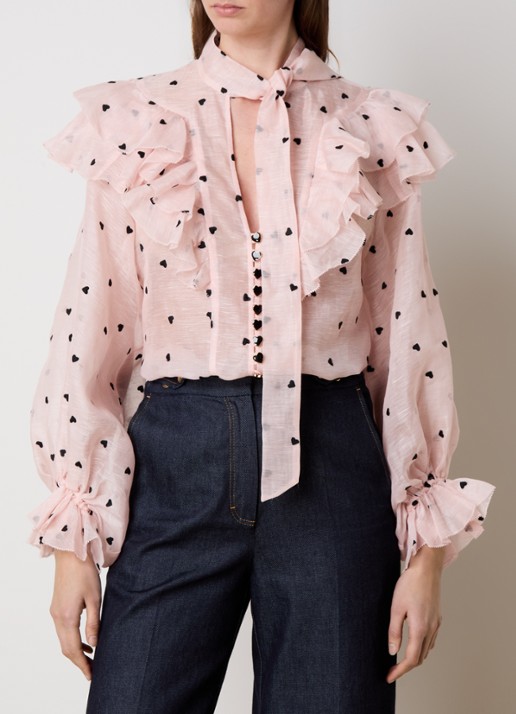 Zimmermann Crush semi-transparante blouse in zijdeblend met sjaalkraag - detail 4 zalmroze
