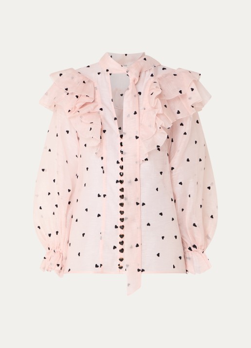 Zimmermann Crush semi-transparante blouse in zijdeblend met sjaalkraag - voorkant 2 zalmroze