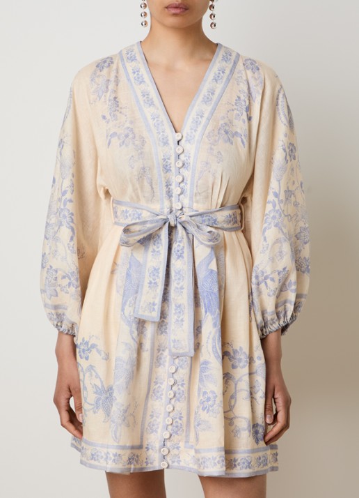 Zimmermann Indra mini blousejurk van linnen met print en strikceintuur