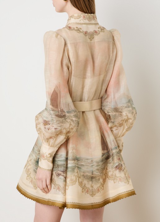 Zimmermann Rebellion mini blousejurk in zijdeblend met print en ceintuur - achterkant khaki