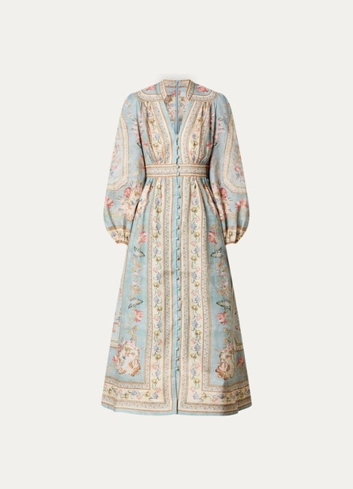 Zimmermann Roselight maxi jurk van linnen met print - voorkant 3 blauwgrijs