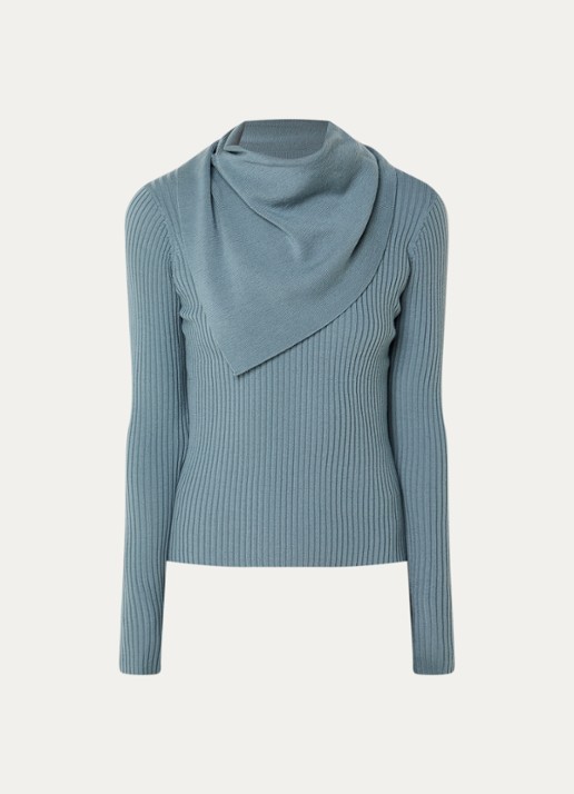 Zimmermann Valiant ribgebreide trui van wol met sjaalkraag - voorkant blauw