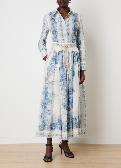 Zimmermann Wanderlust maxi A-lijn rok met strikceintuur en print - voorkant 3 staalblauw