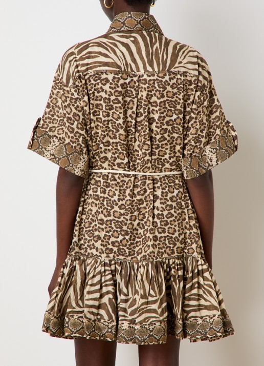 Zimmermann Wanderlust mini blousejurk met dierenprint en strikceintuur - achterkant 3 camel