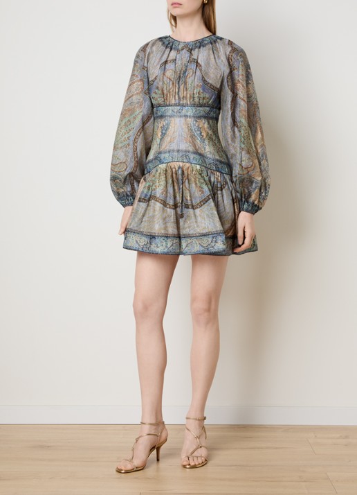 Zimmermann Wanderlust mini tuniekjurk in zijdeblend met print en lurex - voorkant 3 staalblauw