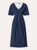 Pippa midi jurk met plooidetail en trompetmouw - Donkerblauw