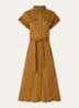 Midi blouse jurk van linnen met strikceintuur - Camel