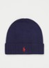 Fijngebreide muts van wol met logoborduring - Blauw